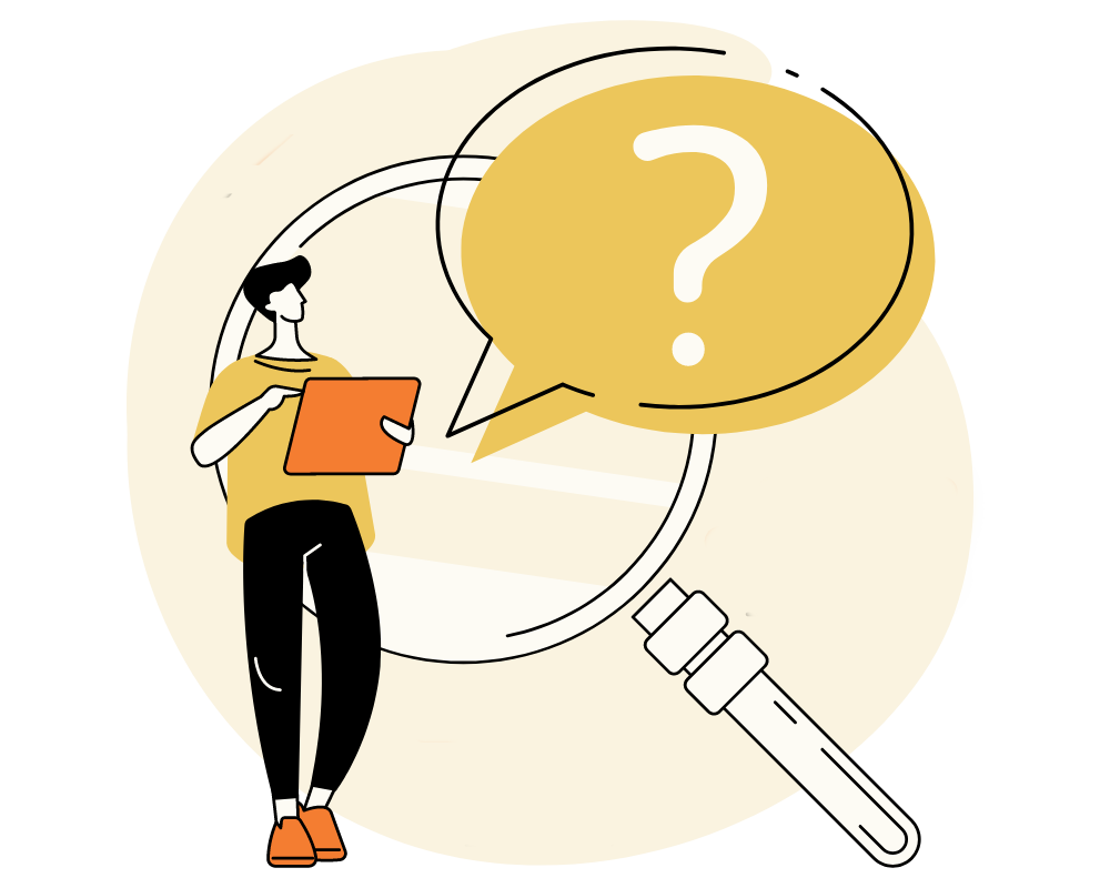 A graphic of someone holding a tablet, with a magnifying glass and a question bubble floating overhead